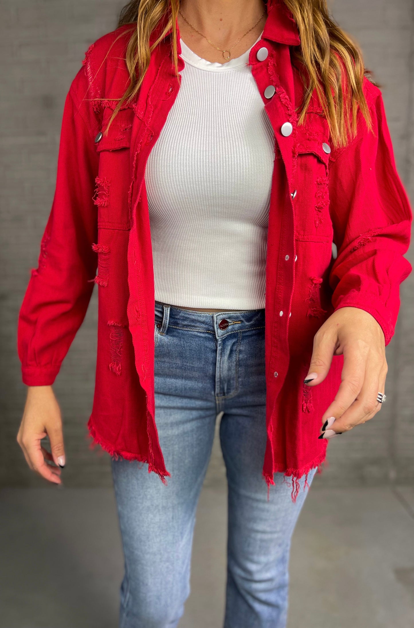 Red Denim Distressed Jacket