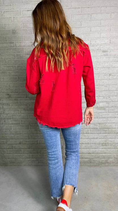 Red Denim Distressed Jacket