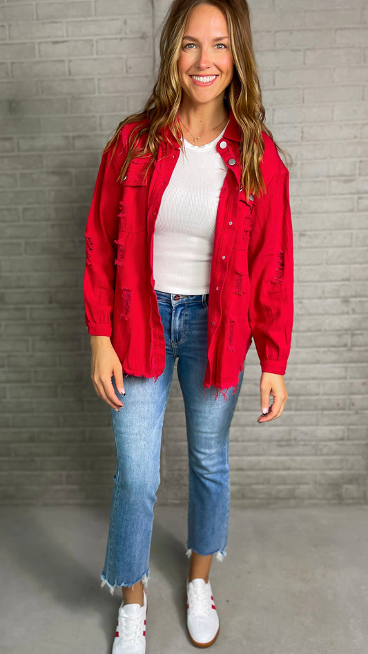 Red Denim Distressed Jacket