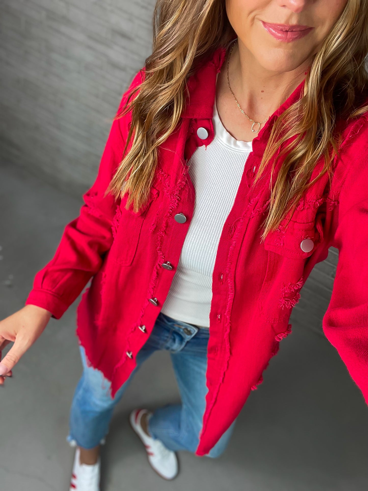 Red Denim Distressed Jacket