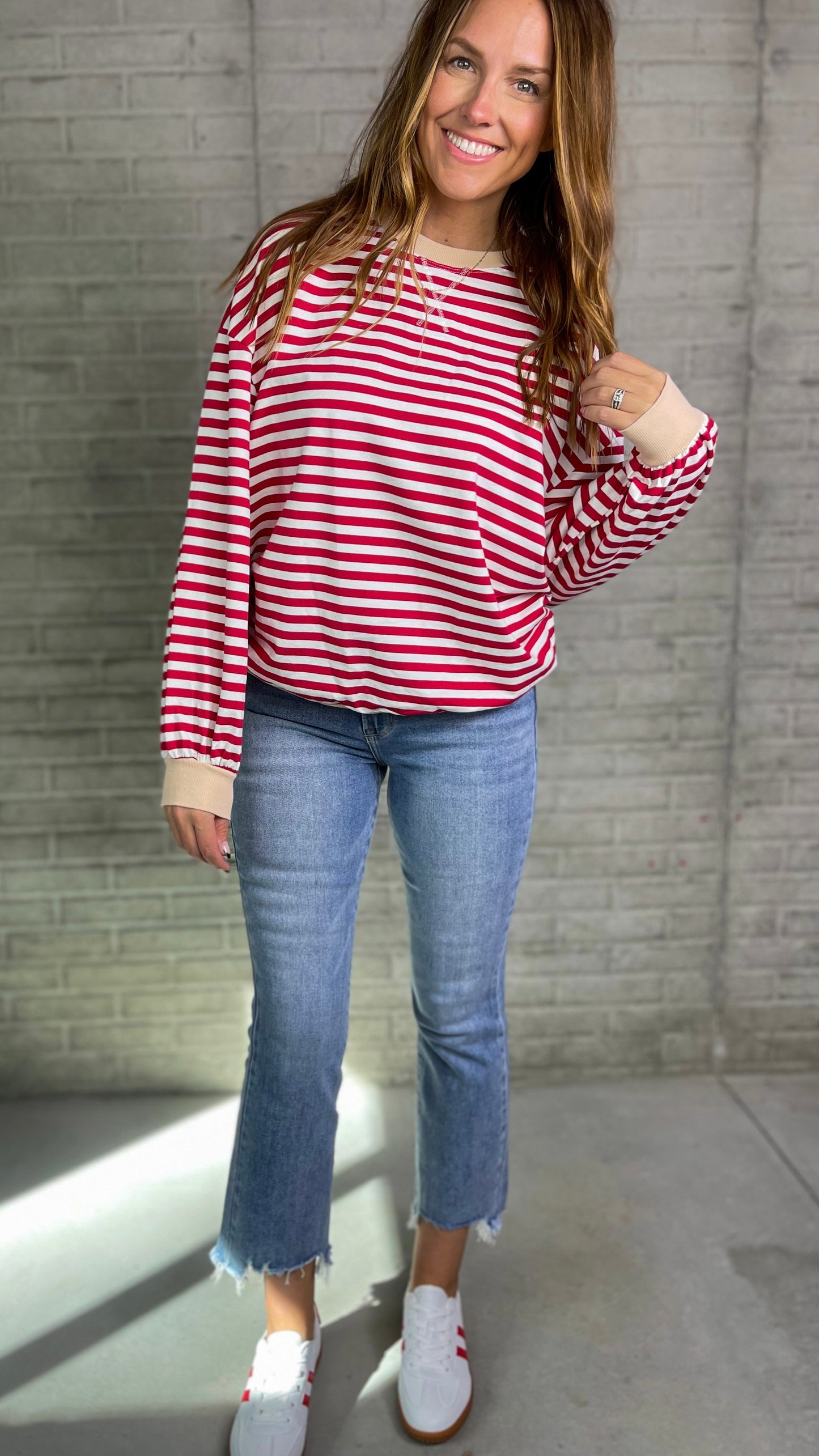 Striped Balloon Sleeve Top