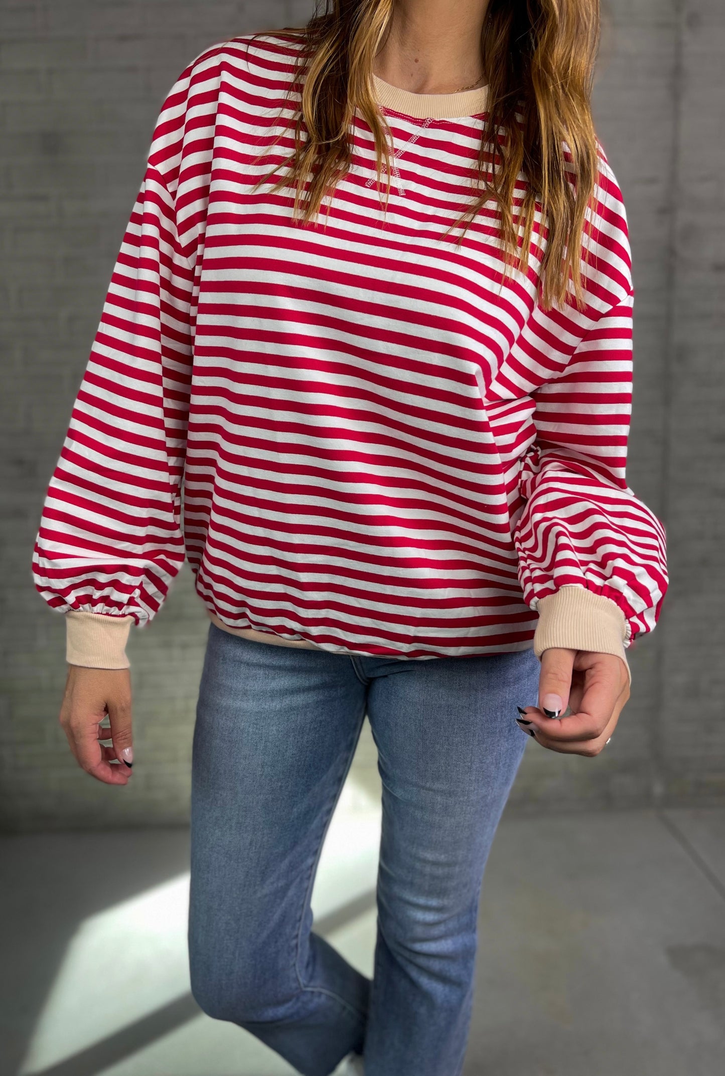 Striped Balloon Sleeve Top