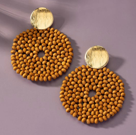 Wood disk drop earrings- Brown