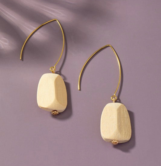 Faceted wood bead on a long fishhook earrings- Cream