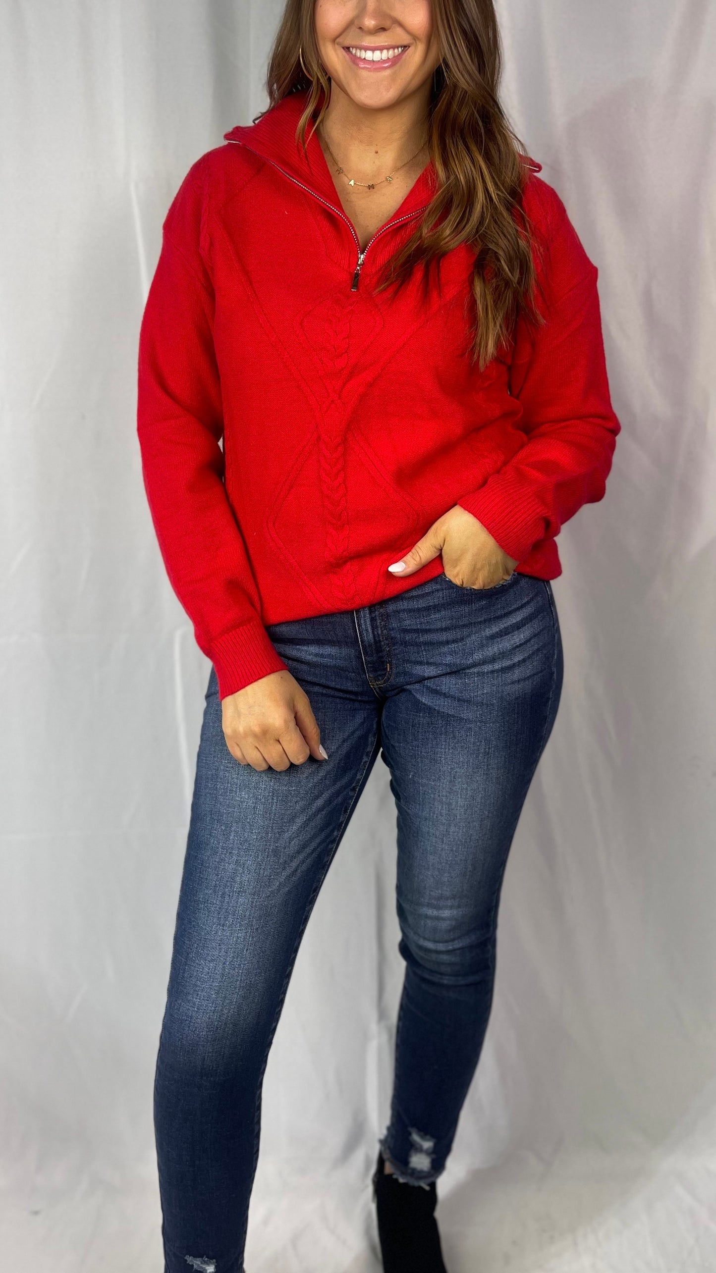 Never Be The Same Red Quarter Zip Sweater