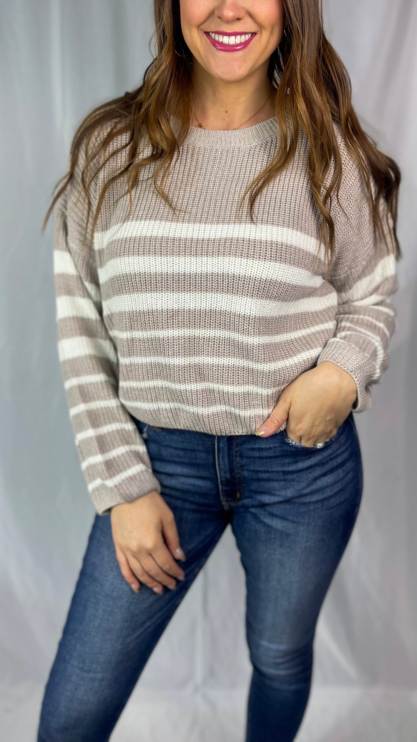 Morning Bliss Taupe & Ivory Striped Sweater