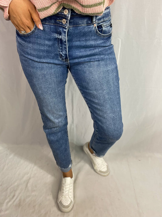 High Rise Slim Straight Medium Wash Denim