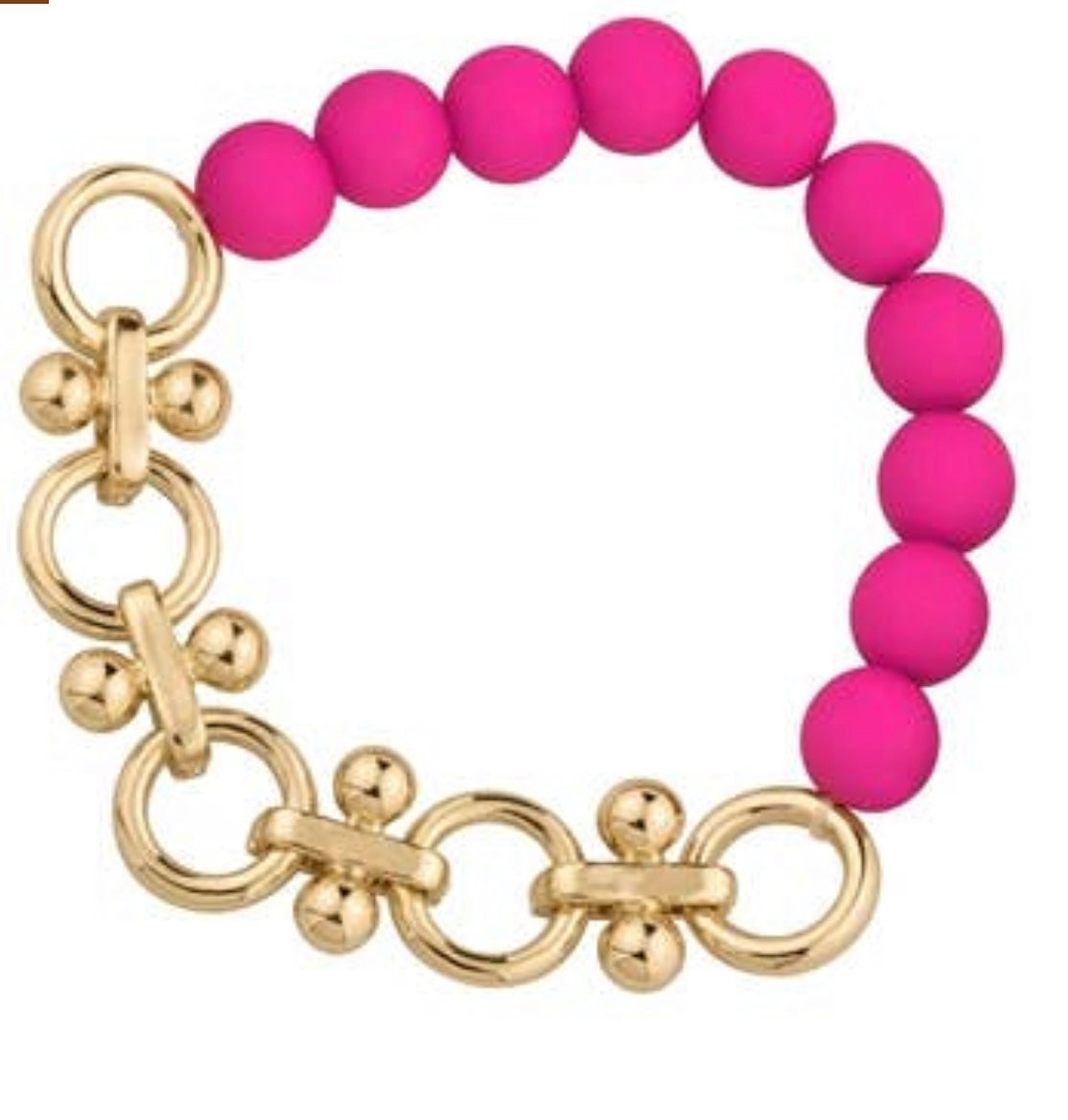 Hot Pink Color Coated Bead with Gold Chain Stretch Bracelet