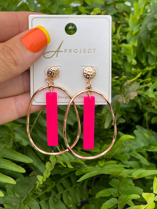 Gold Open Oval with Hot Pink Acrylic Bar 2" Earring