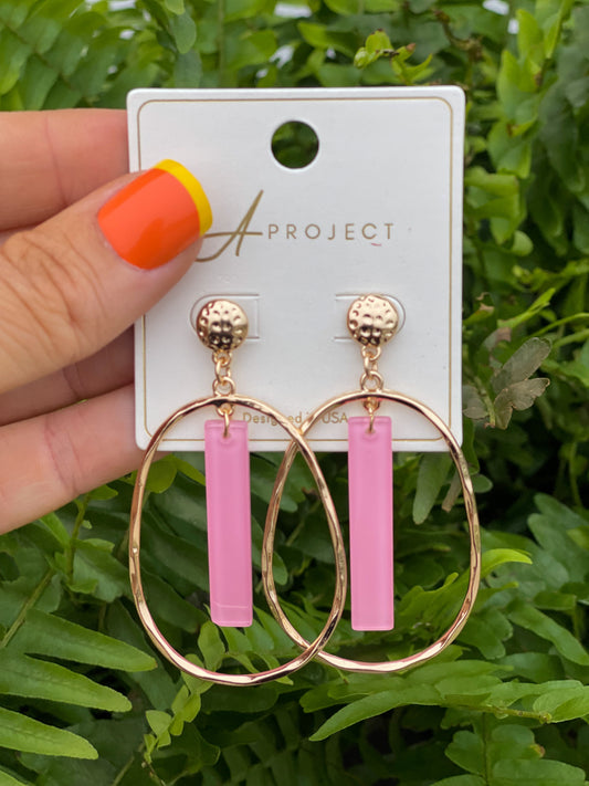 Gold Open Oval with Pink Acrylic Bar 2" Earring