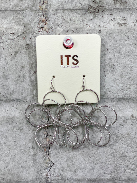 Textured Metallic Wire Flower Dangle Earrings- Silver