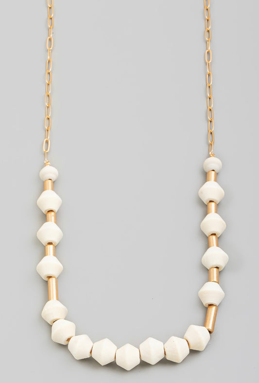 White Wooded Bead Necklace