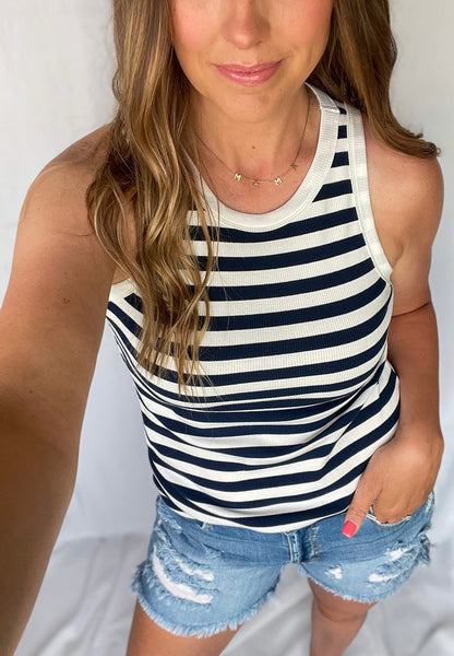 Fabulous And Free Navy & White Tank