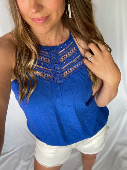 Lets Get Going Blue Lace Halter Tank