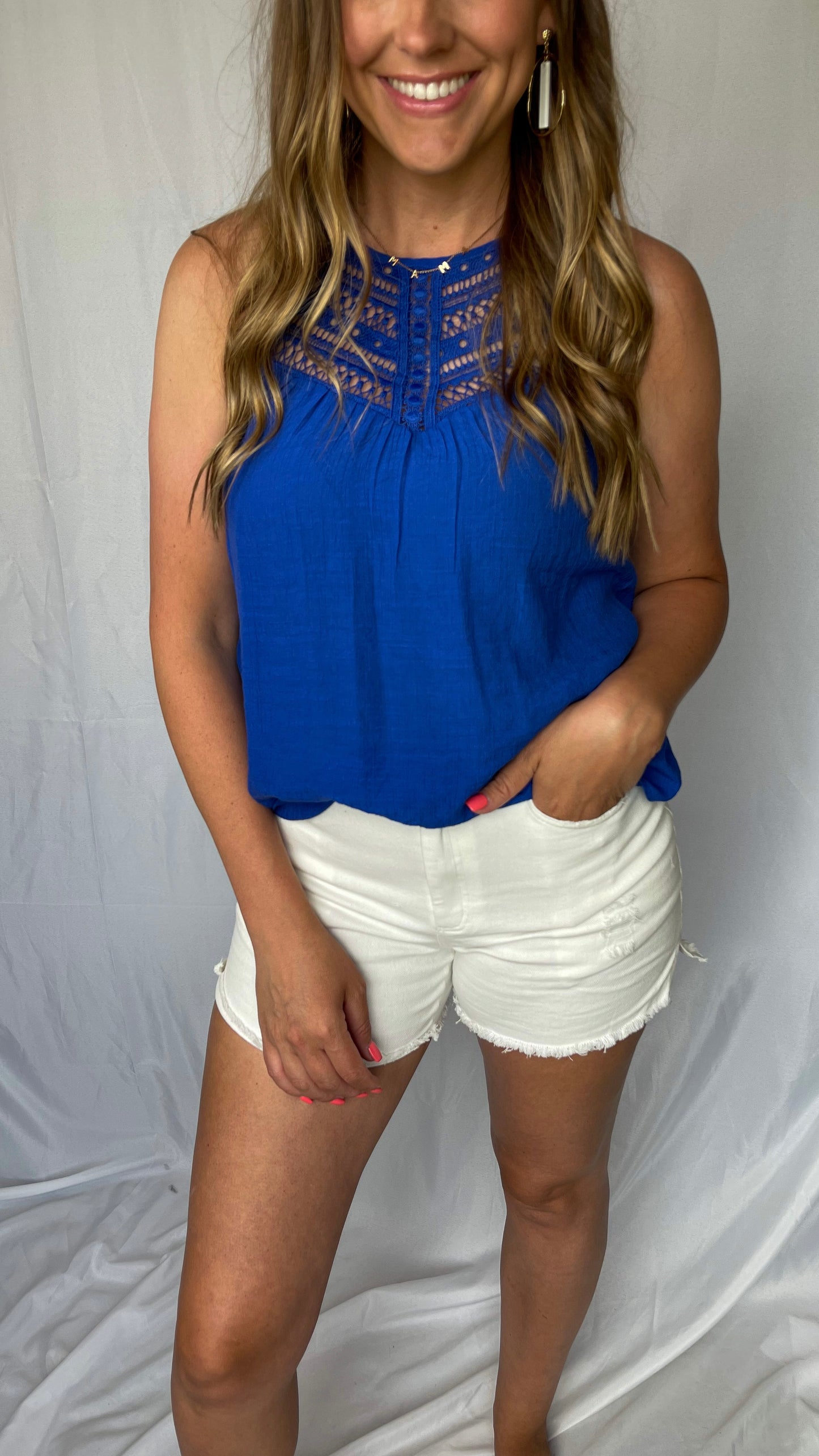 Lets Get Going Blue Lace Halter Tank