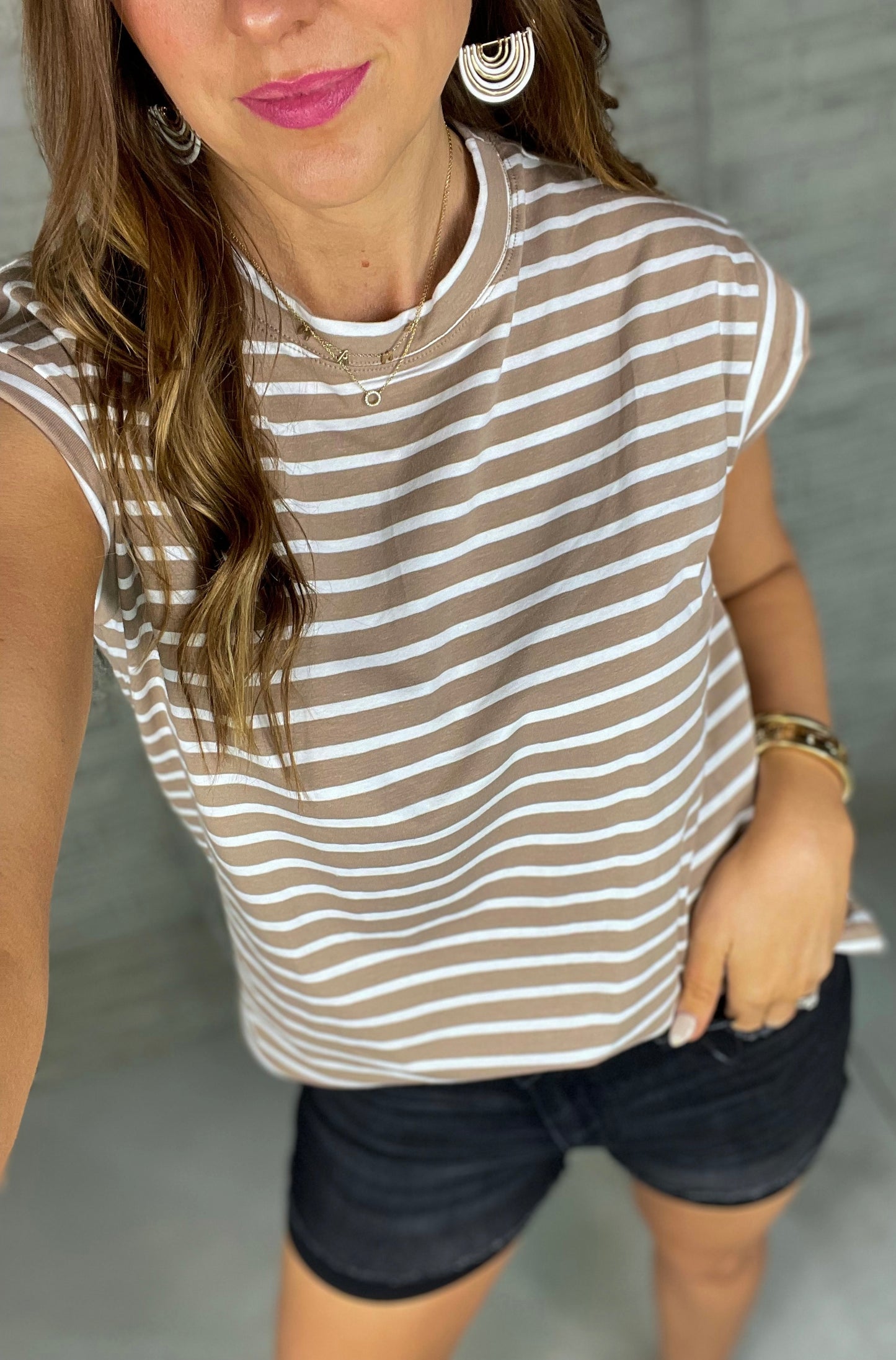 Easy Living Taupe & Cream Striped Top