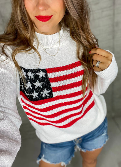 Home Of The Free Ivory Textured American Flag Sweater