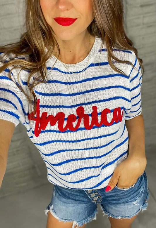 Off To The Fireworks Ivory & Blue Embroidered America Sweater