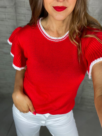 Wings Of Freedom Red Ruffle Sleeve Sweater