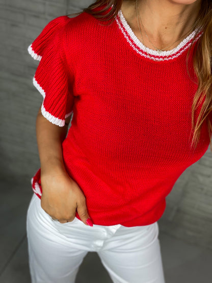 Wings Of Freedom Red Ruffle Sleeve Sweater