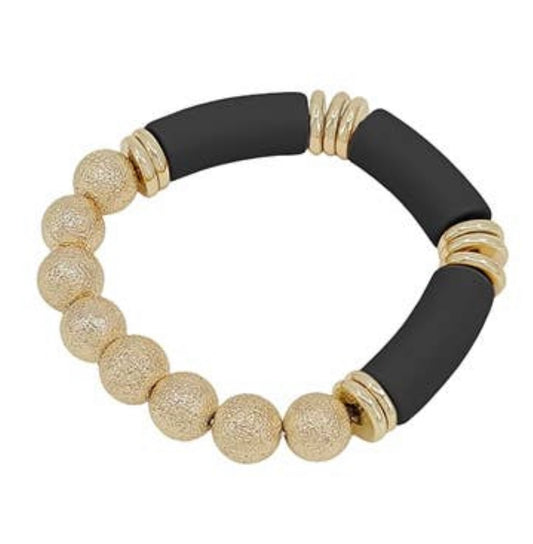 Gold Textured Beaded and Black Wood Bar Stretch Bracelet