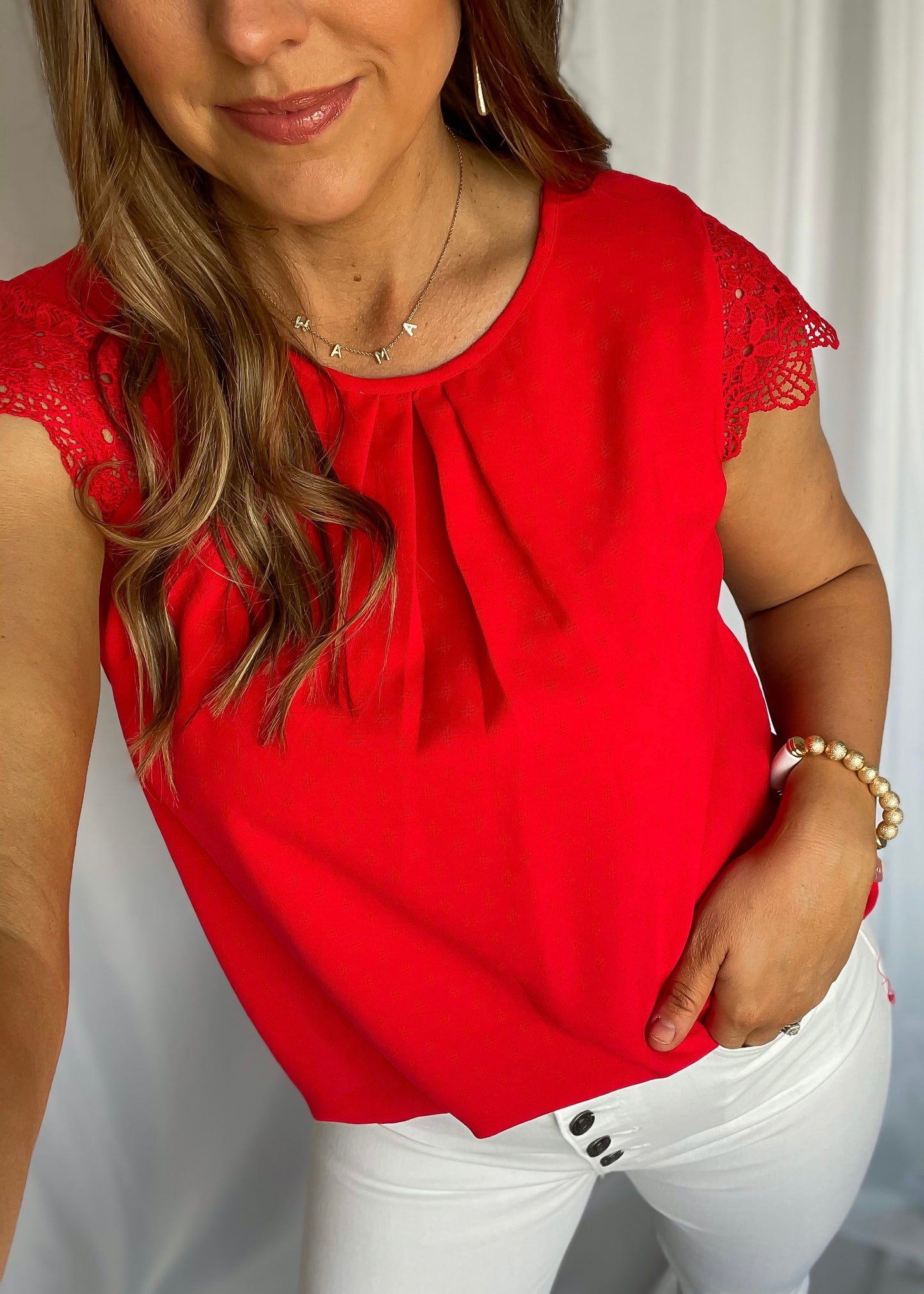 Found Our Way Red Lace Sleeve Top