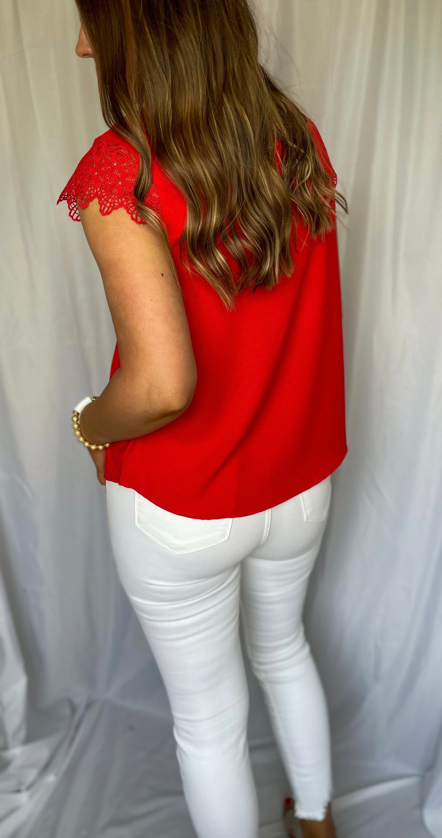 Found Our Way Red Lace Sleeve Top