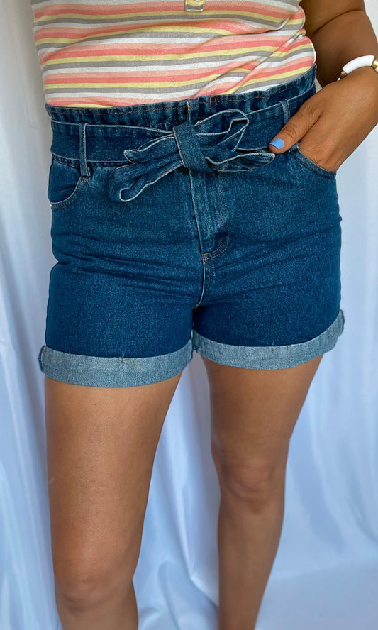 Paper Bag Denim Shorts- Dark Wash