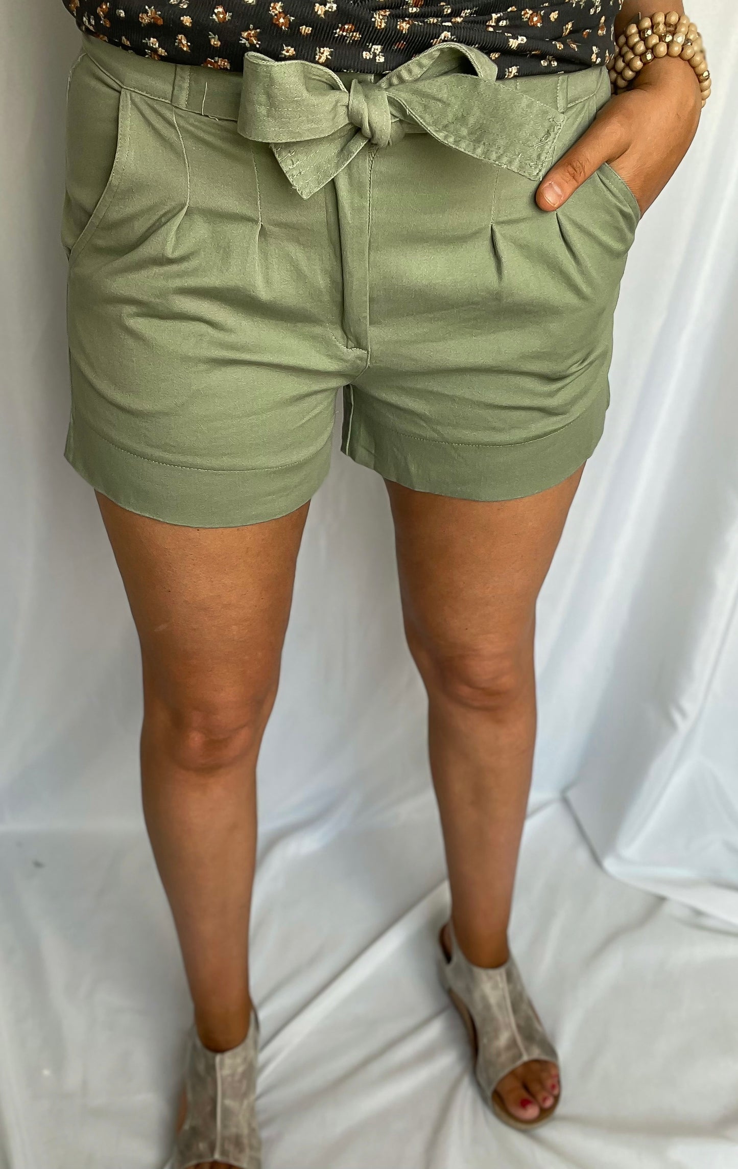 All The Drama Olive Front Tie Shorts