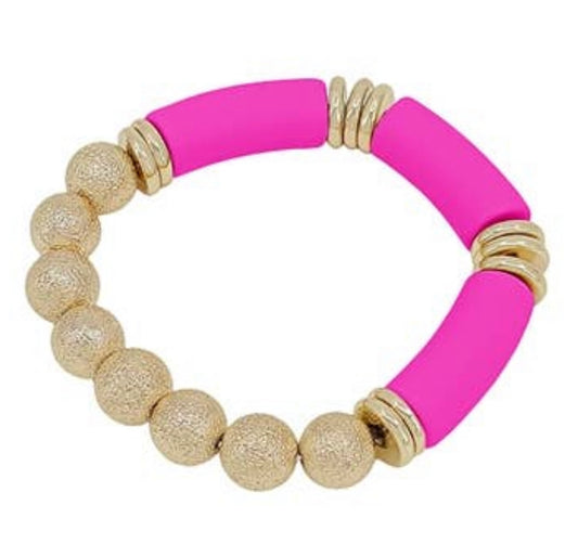 Gold Textured Beaded and Hot Pink Wood Bar Stretch Bracelet