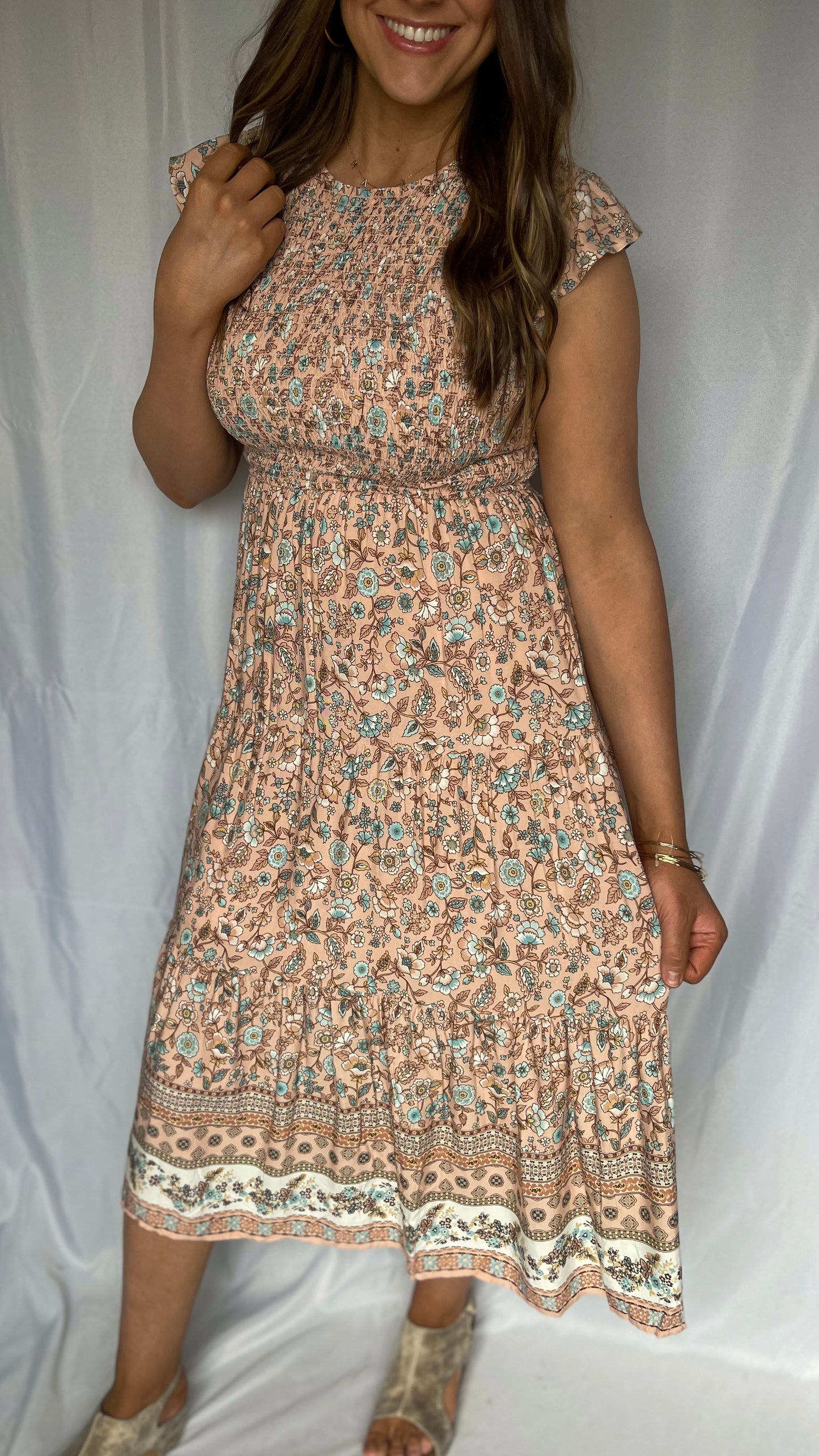 Sweet Nothings Peach Pattern Midi Dress