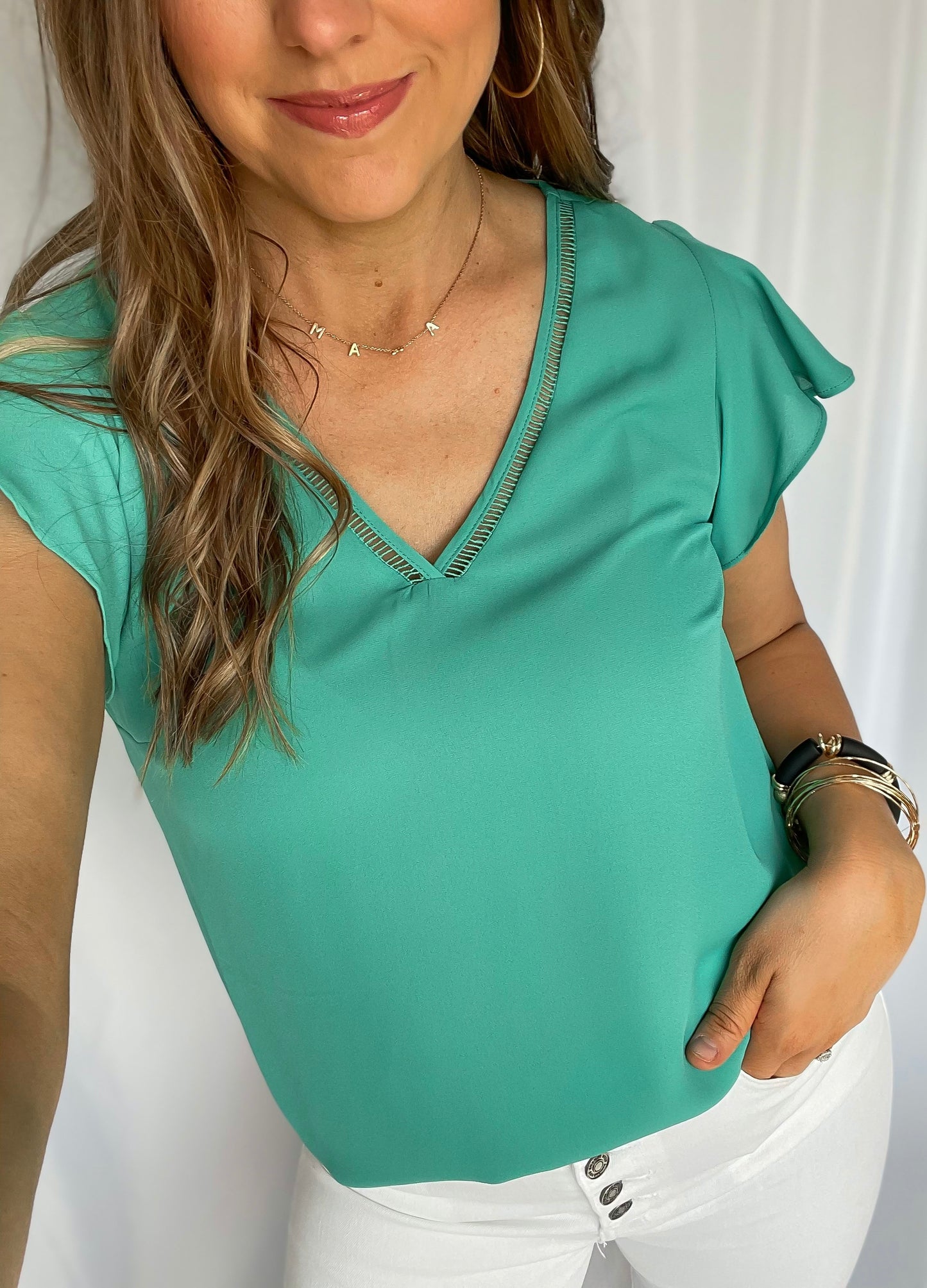 Just Like That Emerald Flutter Sleeve Top