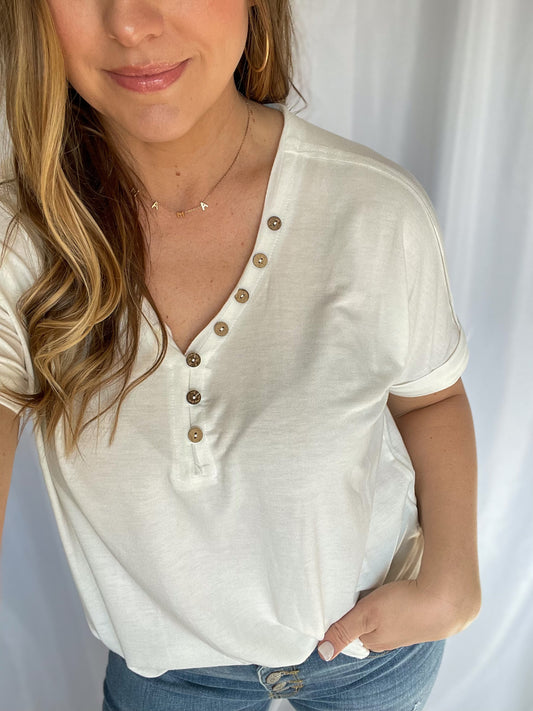 On The Move White Button Down Tee