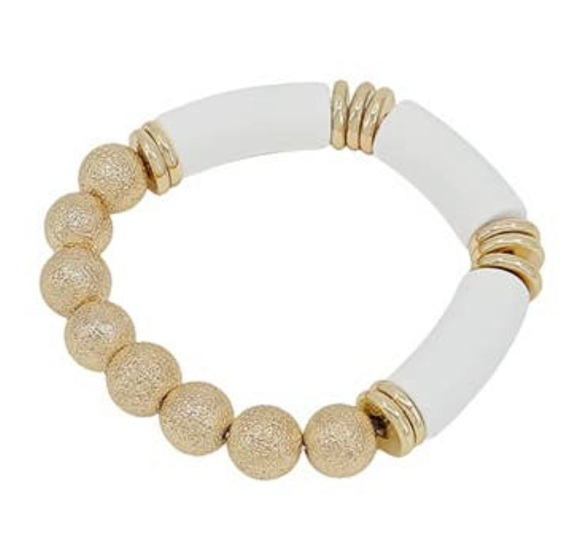 Gold Textured Beaded and White Wood Bar Stretch Bracelet