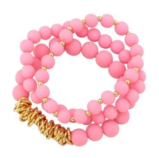 Pink Clay Beaded and Gold Set of 3 Stretch Bracelets